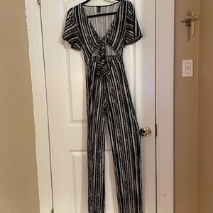 Black and white striped short sleeve jumpsuit
